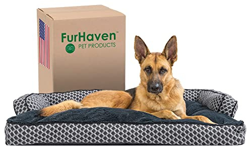 FurHaven Pillow Dog Bed for Large Dogs w/Removable Bolsters & Washable Cover - Plush & Woven Decor Comfy Couch Sofa - Diamond Gray, Jumbo/XL