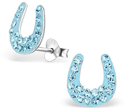 Monkimau Hufeisen Glücksbringer Ohrringe Silber 925 Pferde Mädchen Geschenk Geburtstagsgeschenk für Frauen Medizinische Ohrstecker blaue glitzer Kristalle