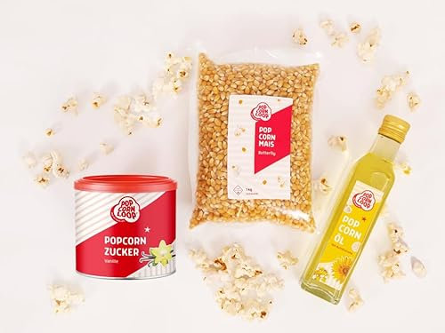 Popcornloop Zutaten Set Popcorn Puffmais Butterfly Mais 1kg, Popcornzucker mit Vanille 300g, Popcornöl 250ml mit Butteraroma, für Popcorn Zuhause Partyset Popcornset für Popcornmaschine