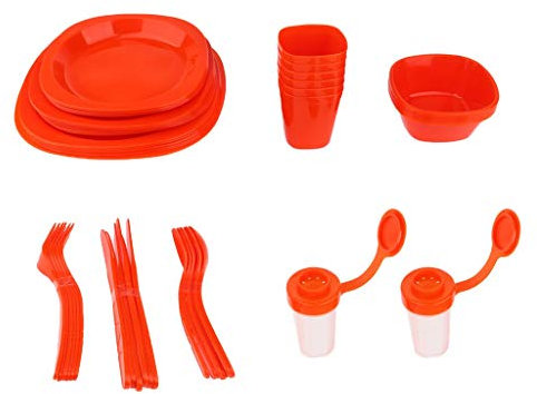 Tubayia 6 Person Kunststoff Besteck Set Campingbesteck Geschirr Besteck für Camping Picknick (Rot)