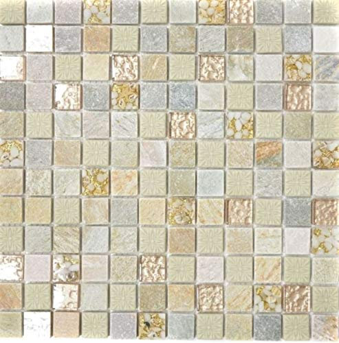Naturstein Rustikal Quarzit Naturstein Mosaikfliese Glasmosaik gold beige hellgrau honey Fliesenspiegel Wandverkleidung Küche WC - MOS83-CR27