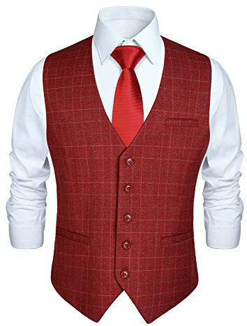 HISDERN Herren Rot formale Hochzeit Party Weste Baumwolle Plaid Check Burgund Kleid Anzug Weste