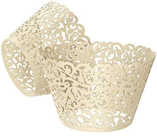KOSTOO Cupcake-Förmchen, 50 Stück/Packung, Spitzen-Cupcake-Einlagen, lasergeschnitten, Cupcake-Papier, Cupcake-Muffinförmchen für Hochzeit/Geburtstag, Party-Dekoration (Titanweiß)