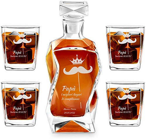 Maverton Set Decanter per Whisky in vetro - da 700 ml - incisione personalizzata - Caraffa con 4/6 bicchieri - idea regalo per il compleanno - per l’ uomo - Uomo baffuto