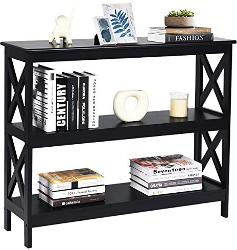 COSTWAY 2/3 Tiers Console Table, X-Shaped Slim Sofa Side End Table with Open Storage Shelves, Wooden Narrow Hall Desk Display Accent Table for Living Room Bedroom Entryway Hallway (Black, 3 Tiers)