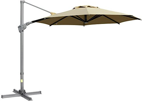 Outsunny Parasol déporté octogonal diamètre 3 m mât en aluminium, inclinable et pivotant à 360 ° manivelle piètement - kaki