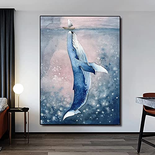 TANYANG Großer Wal Mit Kleinem Schiff Leinwand Gemälde Poster Und Drucke Wandkunst Bild Für Wohnzimmer Wanddekoration 50X70Cm Kein Rahmen