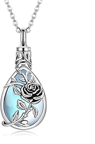 Midir&Etain Ashes Necklace 925 Sterling Silver Rose Flower Moonstone Urn Necklace for Ashes Teardrop Pendant Keepsake Cremation Jewellery Memorial Gifts for Women Grandma