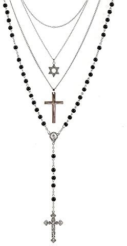3 Pcs Cross Necklace Gothic Necklace for Women Rosary Beads Catholic Necklace Multilayer Necklace 80s Vintage Cross Necklace Hexagram Pendant Necklace 80s Fancy Dress Costume Accessories