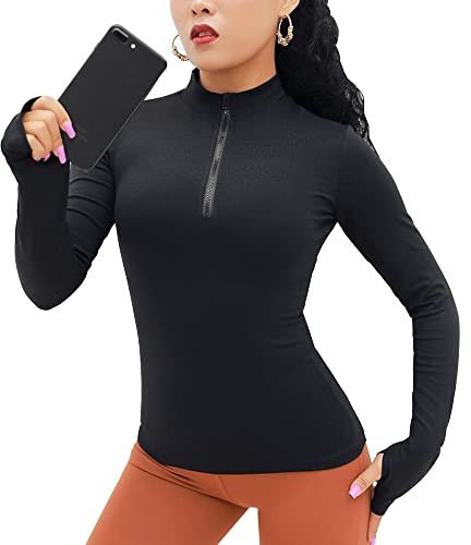 KOEMCY Langarmshirt Damen Sweatshirt Sportshirt Leicht Fitness Oberteil mit 1/4 Reißverschluss Laufshirt mit Daumenlöcher Gym Top Stehkragen Oberteil Yoga Langarm (Schwarz,XL)