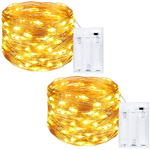 5m 50 LED Fairy Lights Battery Powered, 2 Packs Copper Wire Micro LED String Lights Indoor, Battery Fairy Lights for Bedroom Christmas Tree Wedding Birthday Party Halloween Decorations(Warm White)