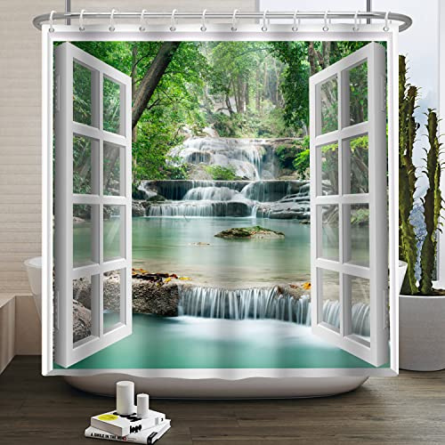 SDOTPMT 165x180cm Duschvorhang mit Fensterblick Frühling Wasserfall Bäume Wildnis Landschaft Bad Vorhang Weiß Fenster Bild Moderne Kunst Stoff Wasserdichter Badezimmer Vorhang mit Haken