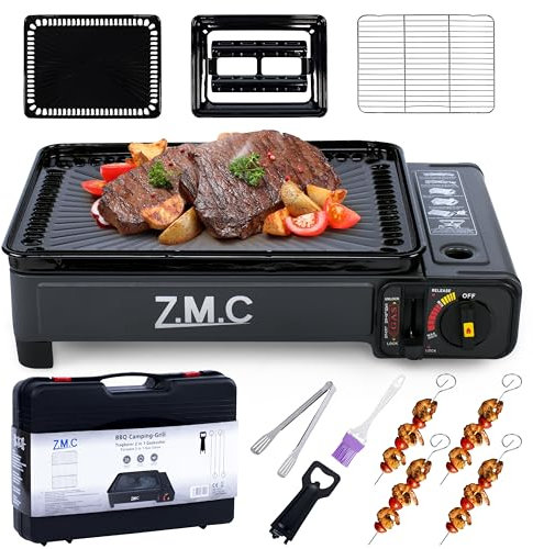 ZMC 2-in-1 Gaskocher + Gasgrill Klein inkl. Zubehör, Campingkocher, Campinggaskocher mit Grillplatte + Grillrost, Tischgrill mit Tragekoffer, 3,8kg, Piezo-Zündung, für Outdoor, indoor, Balkon