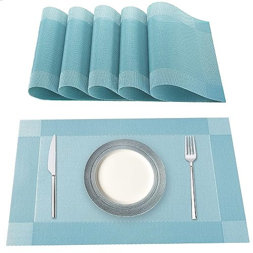 Lumaca Sets de Table Lavables, Lot de 6 Set de Table en 70% PVC et 30% Polyester, Antidérapant, Résistant à la Chaleur, pour Table de Cuisine,Bleu Ciel