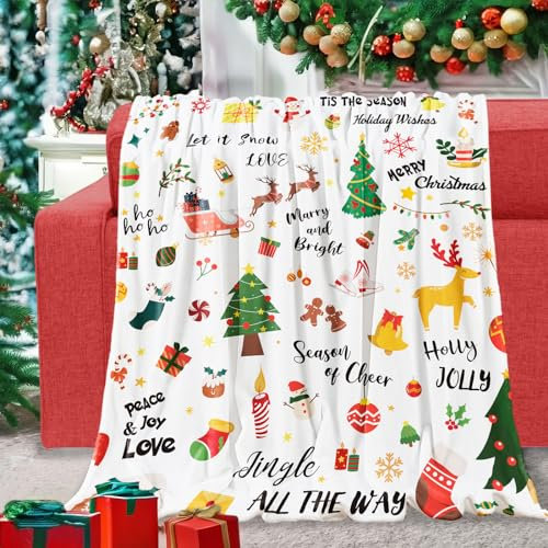 Kuscheldecke Weihnachten Decke mit Weihnachtsbaum Elch Schneemann Weich Warm Merry Christmas Flanell Fleece Wohndecke für Xmas Weihnachts Glück Segen Geschenke Winter Party Couch Bett Deko, 130x152cm