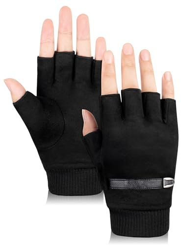 Becellen Gants Sans Doigts Hiver, Chaud Daim Demi-Doigts Mitaines Noir Ecrans Tactile Gants pour Homme Femme