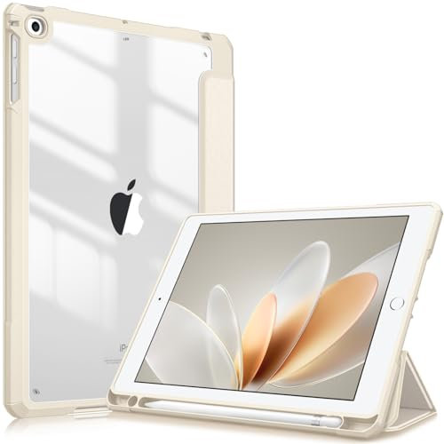 FINTIE Hybrid Case with Pencil Holder for iPad 6th Generation 2018/ iPad 5th Gen 2017/ iPad Air 2/ iPad Air 9.7'' - Shockproof Protective Case with Transparent Hard Back Cover - Beige