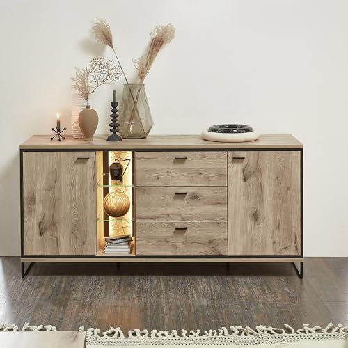 Lomadox Sideboard Anrichte inkl. Beleuchtung, 180cm breit, Eiche mit Hirnholzmosaik, 2 Türen, 3 Schubladen, 3 offene Fächer