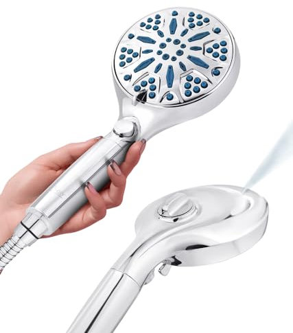 Lokby Water Saving Shower Head and Hose Set 10 Settings - Build-in 2 Power Spray - 1,5 m Stainless Steel Shower Hose - Shower Head High Pressure for Low Hard Water - Up to 30% Less Water - Chrome
