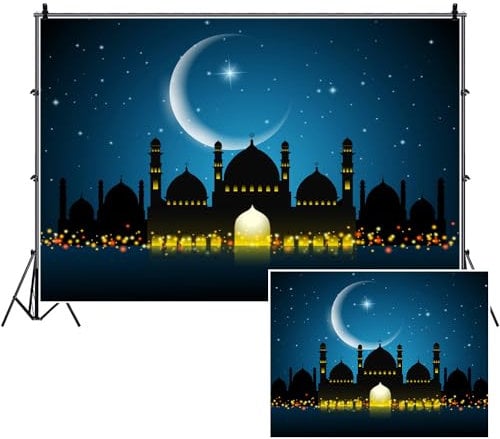 SDOTPMT 8x6ft Nacht Moschee Silhouette Polyester Hintergrund Ramadan Islam Islamisches Gebet Arabisches Eid Traditionelles Minarett Mond Fotografie Hintergrund Foto Studio Requisiten