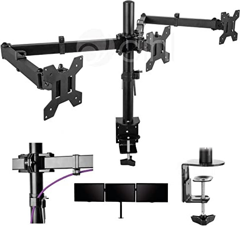 Dihl Triple Monitor Desk Clamp Stand Mount for 13 to 26” Screen, Three Arm Desk Mount System, Max 26 Inch, 75x75 or 100x100 VESA, 8 KG per Arm, Black, Fully Articulated – Tilt, Rotate & Swivel