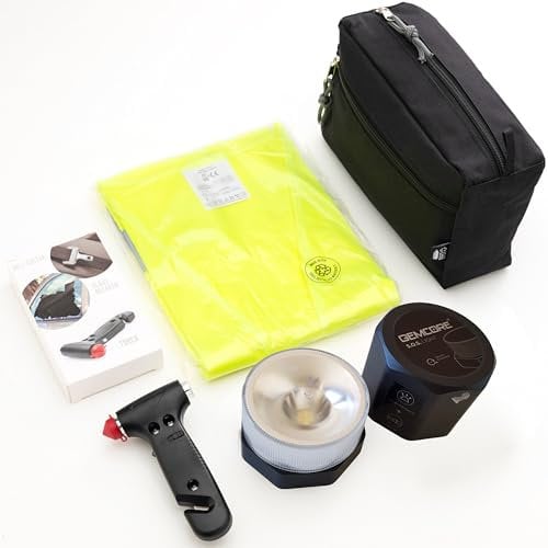 Kit di Emergenza e Sicurezza Auto, Omologato dalla DGT: Luce di Emergenza, Gilet Riflettente, Torcia a LED, Martello Rompivetro, Lama Tagliasganci, Necessaire. Assistenza Stradale e Guasti