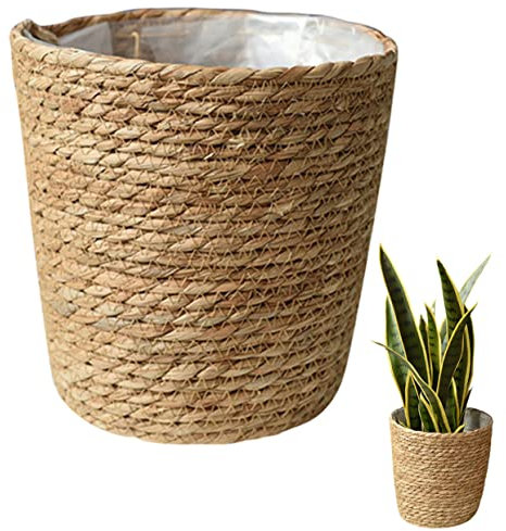 Didiseaon Weaving Flower Pot Cesta Tejida De Mimbre con Forro Plastico Macetero Interior Y Exterior para Decoracion De Hogar Balcon Y Almacenaje Multifuncional 8.66X8.66X8.27 Pulgadas