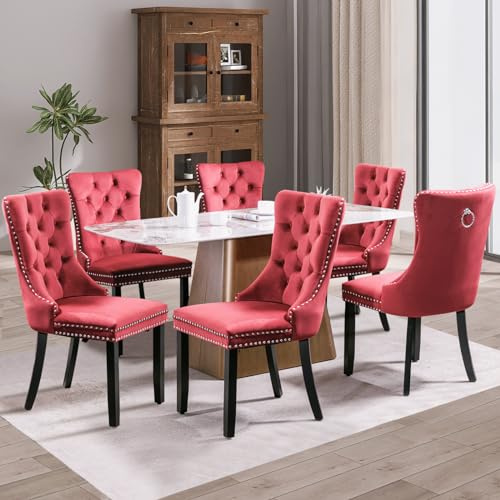 SoarFlash Esszimmerstühle mit gepolstertem Flügelrücken, weinrot, 6er Set | Weicher Samtbezug, Tufting, Nietenbesatz, Rückenring, Holzbeine. Ideal für Esszimmer, Wohnzimmer, Innendekoration.