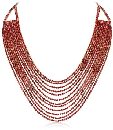 EVER FAITH Mehrschichtige klobige Halskette, Glitter Rot Gold-Ton Strass Wasserfall Mehrstrang Multi-Strand Ketten Statement Lätzchen Halskette lange Kette Modeschmuck