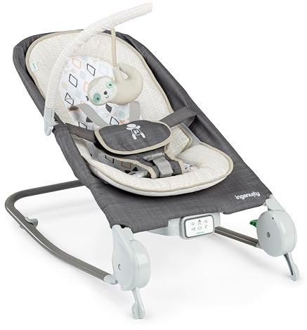 Ingenuity, Sedile sdraietta-dondolo Happy Belly, con musica, vibrazioni, barra dei giocattoli rimovibile bradipo di peluche, 0-6 mesi, grigio - Parker