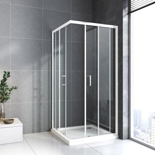 Duschkabin 90x90x185cm, 6mm ESG-Glas Duschabtrennung komplett, Eck-Dusche mit Doppel Schiebetür flexible Montage Duschkabin Schiebetür Weiß