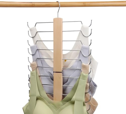 LMSAWK Wooden Hanging Bra Stand, 360° Swivel Bra Organizer, Tank Top Hangers, for Tank Tops, Camisoles, Swimsuits, with 24 hooks, Wood Color