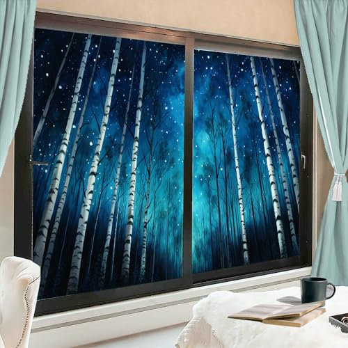 AEMYSKA Vintage Birkenbaum Fensterfolie Sonne blockieren Abstrakt Nacht Wald Weiße Zweige Haus Fenster Tönungsfolie Kein Kleber Glas Haftabdeckungen für Zuhause Dekorativ 80 x 120 cm x2 Stück