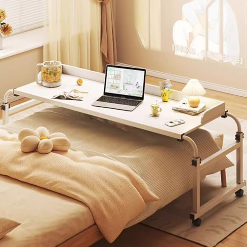 Table De Lit Sur Roulette,Table MéDicale Roulante De Bureau De Plateau De Nourriture Bureau RéGlable En Hauteur Et En Longueur Bureau D'Ordinateur Portable Roulant Table De Lit CroiséE(Color:blanc)