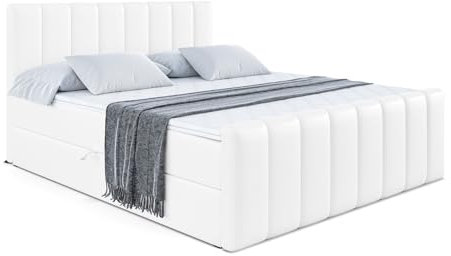 ALTDECOR Boxspringbett mit Matratze und Lattenrost, Boxbett, Topper, Fußteil, Polsterbett mit Bettkasten, Bett mit Stauraum H3-Matratze, Doppelbett, Springboxbett - OTTA-Z - 120x200 - Weiß Kunstleder