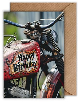 WBdesignz Geburtstagskarte Motorrad mit Umschlag – Vintage Bike Motiv mit „Happy Birthday“ auf Tank – coole Grußkarte für Männer & Motorradfans – Motorrad retro - Motorradfreunde (DIN A6)