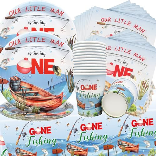 Doyomtoy Vaisselle de fête pour la pêche,53 Pièces Décoration de Fête de la Pêche - Assiettes Tasses Serviettes en papier Nappes,pour les Décorations de Fête d'Anniversaire des Enfants-16 personnes