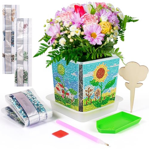 Annickee Painting and Plant Set 1 Piece Diamond Painting Flower Pot with Saucers, Garden Flowers Gardening Gift, Flower Pots Craft Grow Garden Plant, Flower Pot with Diamond Painting
