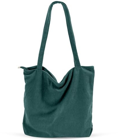 CNMTCCO Tote Bag Damen Shopper Tasche Große Cord-Tragetasche Shopper Umhängetasche Für Damen Handtasche Mit Reißverschluss, Taschen Fächern Für Schule,Arbeit,Einkaufen,Reisen,Alltag (Grün)