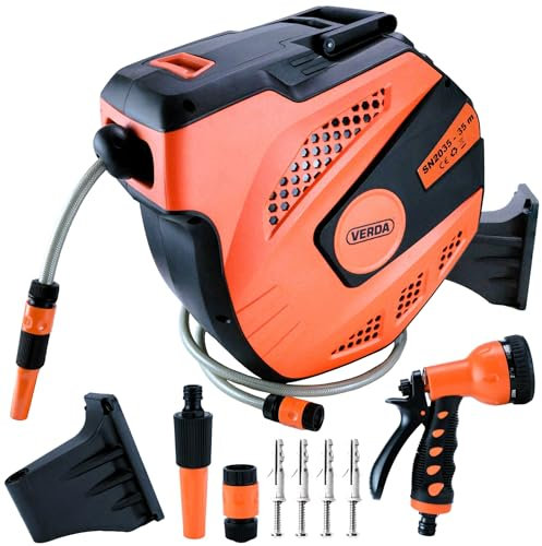 Schlauchtrommel & Wand-Schlauchbox 35M+2M – Hochwertiger 1/2-Zoll Automatik-Gartenschlauch mit 180° Rückholfunktion, robuste, wetterfeste & platzsparende Lösung für Garten, Terrasse & Balkon