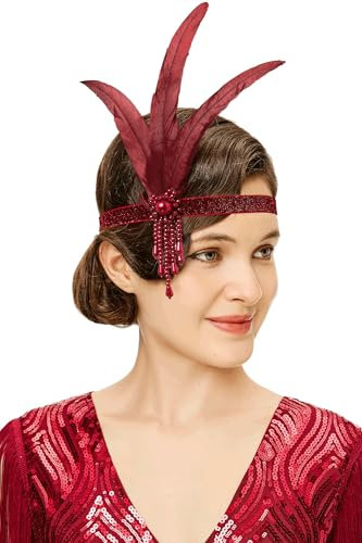 BABEYOND Bandeau pour femme années 20 Gatsby Costume Accessoires de costume années 20 Bandeau à plumes Rouge
