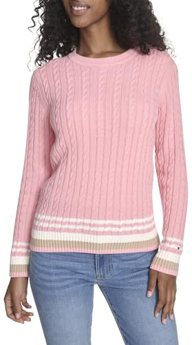 Tommy Hilfiger Cotton Crewneck Cable Sweater Pull-Over, Rose Anglaise Multicolore, XS Femme