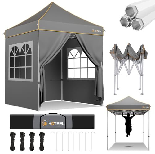 Hoteel Tonnelle Pliante 2 x 2 m très résistante avec 4 parois latérales, imperméable et Stable, UPF50+, 3 hauteurs, Tubes hexagonaux améliorés, Tente Commerciale, Grise
