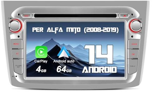Hexinex Android 14 (4+64GB) Autoradio per Alfa Romeo Mito (2008-2019) 7 Pollici Car Radio con 4G SIM, Wireless CarPlay Android Auto CD DVD GPS WIFI BT FM DSP Comandi al volante