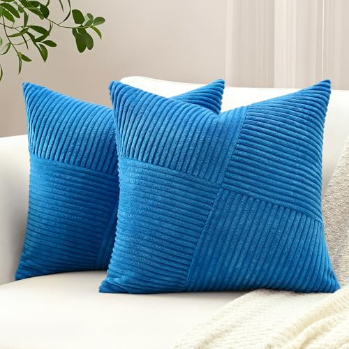 Sungeek 2er Set Cord Kissenbezüge, Windmühle Streifen Muster Kordsamt Kissenbezug Dekokissen Sofakissen Patchwork Design Deko Zierkissenbezüge Kissenhülle für Wohnzimmer (50x50cm, Blau)