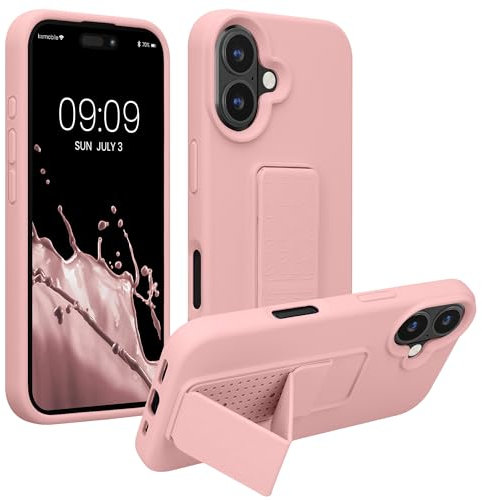 kwmobile Coque Compatible avec Apple iPhone 16 - Housse avec Support Doigt en TPU Silicone - Protection avec Fonction Support Rose Ancien