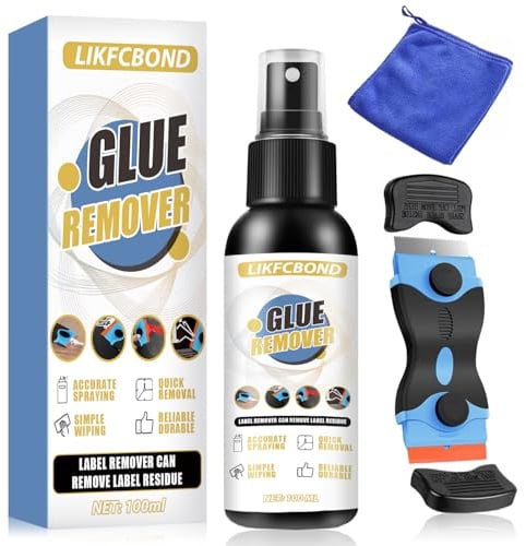 LIKFCBOND Kleberentferner Spray, Sekundenkleber Entferner, 100ML | Etikettenentferner mit Schaber - Schnell Auflösen, Extra Stark Entfernt Schnell Hartnäckige Etiketten, Klebereste