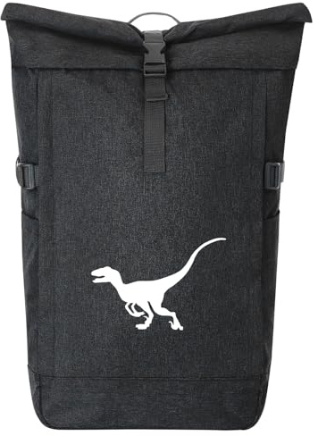 Huuraa Kurierrucksack Velociraptor Dinosaurier 30-44 Liter Black Melange Fairtrade Rolltop Rucksack Geschenkidee