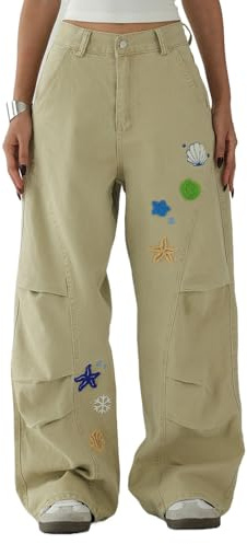 Skateboard Frog Y2K Baggy Cargohose Damen Weite Beine Seestern Stickerei | Cargo Hose Damen beige khaki mit Cartoon Stickerei Streetwear Hip Hop Hose lässige Amerikanischer Vintage Freizeithose