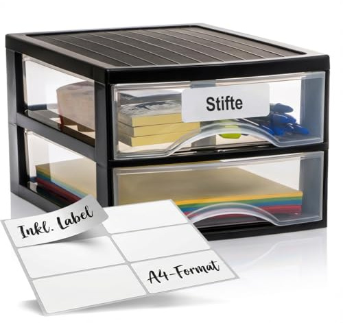 Hausfelder Schubladenbox A4, 2 Schubladen, inkl. Aufkleber | Schubladenturm-Organizer aus Kunststoff für Schreibtisch, Büro und Ablage, stapelbar, inkl. Aufkleber, Schwarz-Transparent